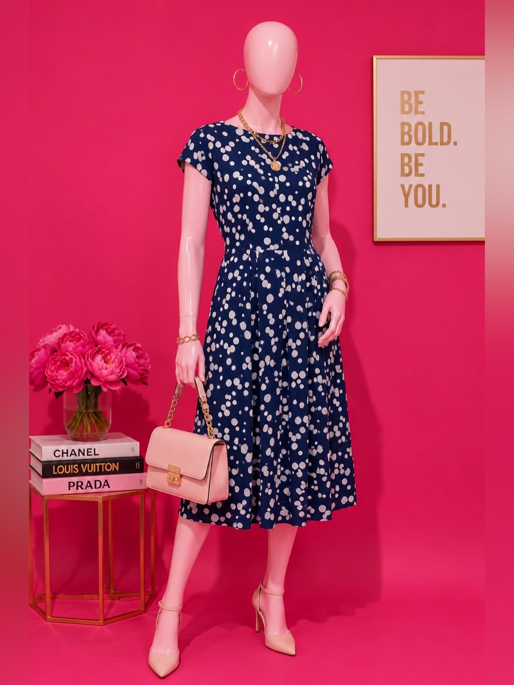 Polka Dot Midi Dress in Navy and White - Elegant Cap Sleeve Style